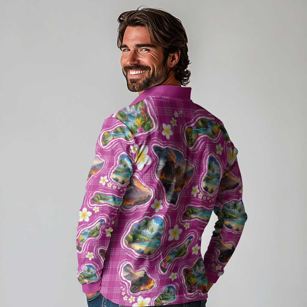 Hawaiian Island Shapes-Iconic Landscape Long Sleeve Polo Shirt with Plumeria and Palaka Pink Color
