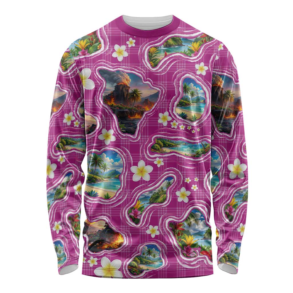 Hawaiian Island Shapes-Iconic Landscape Long Sleeve Shirt with Plumeria and Palaka Pink Color LT03 Unisex Pink - Polynesian Pride