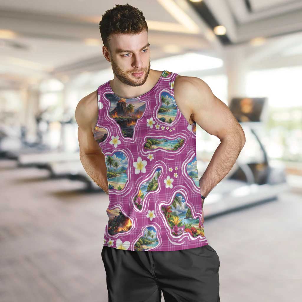 Hawaiian Island Shapes-Iconic Landscape Men Tank Top with Plumeria and Palaka Pink Color LT03 Pink - Polynesian Pride