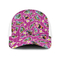 Hawaiian Island Shapes-Iconic Landscape Mesh Trucker Cap with Plumeria and Palaka Pink Color LT03 One Size White Pink - Polynesian Pride