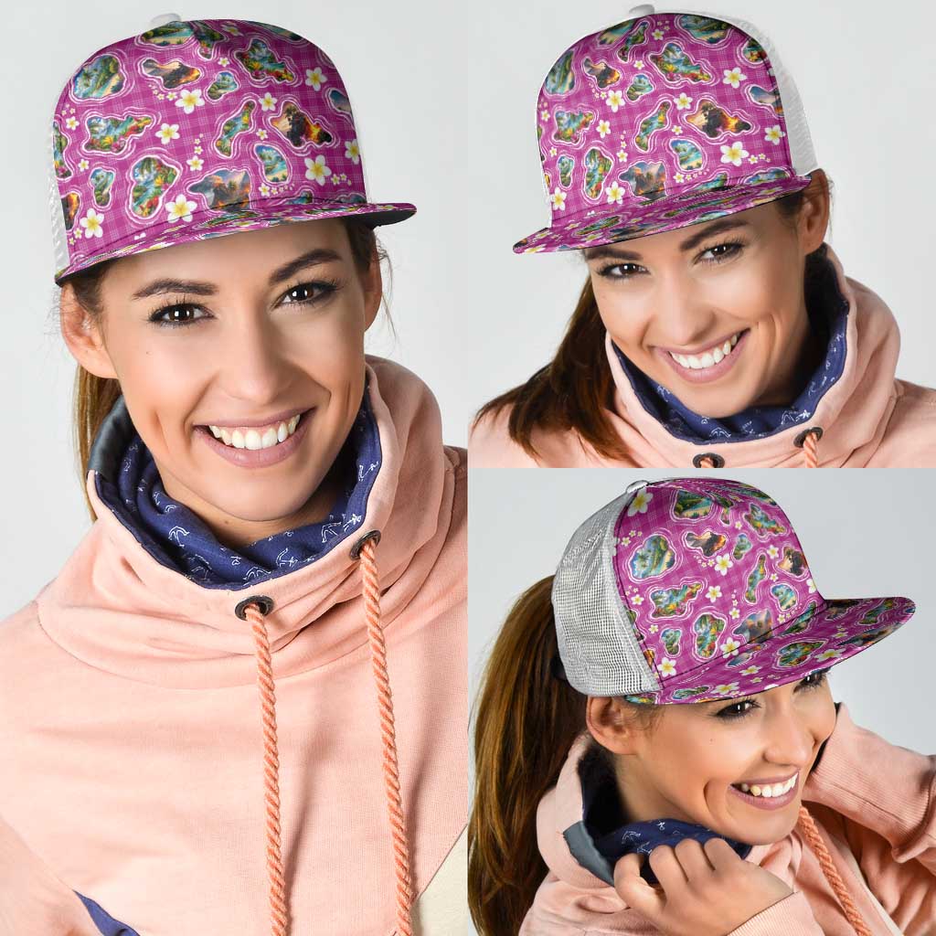 Hawaiian Island Shapes-Iconic Landscape Mesh Trucker Cap with Plumeria and Palaka Pink Color LT03 - Polynesian Pride