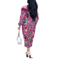 Hawaiian Island Shapes-Iconic Landscape Off The Shoulder Long Sleeve Dress with Plumeria and Palaka Pink Color