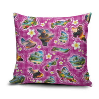 Hawaiian Island Shapes-Iconic Landscape Pillow Cover with Plumeria and Palaka Pink Color