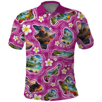 Hawaiian Island Shapes-Iconic Landscape Polo Shirt with Plumeria and Palaka Pink Color
