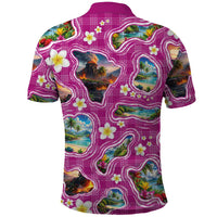 Hawaiian Island Shapes-Iconic Landscape Polo Shirt with Plumeria and Palaka Pink Color