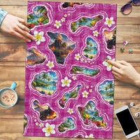 Hawaiian Island Shapes-Iconic Landscape Puzzle with Plumeria and Palaka Pink Color LT03 Pink - Polynesian Pride