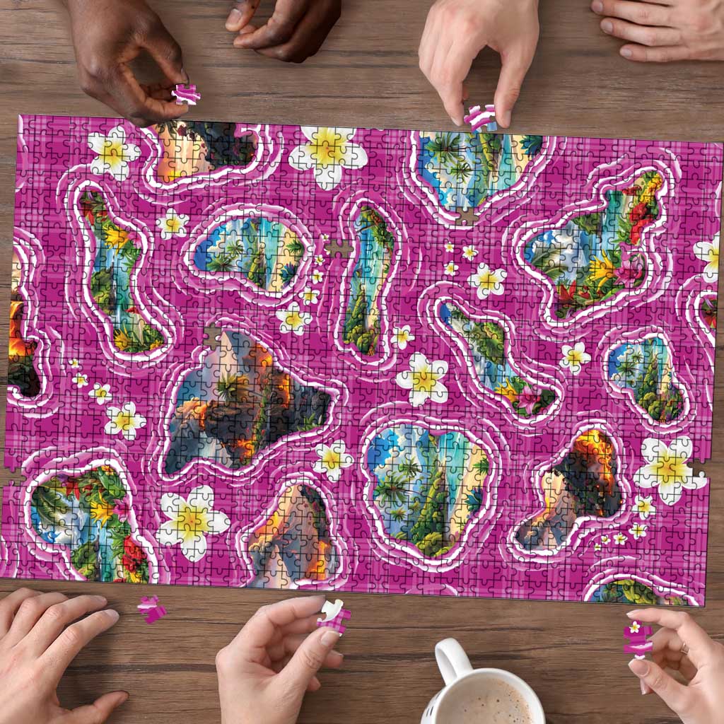 Hawaiian Island Shapes-Iconic Landscape Puzzle with Plumeria and Palaka Pink Color LT03 - Polynesian Pride
