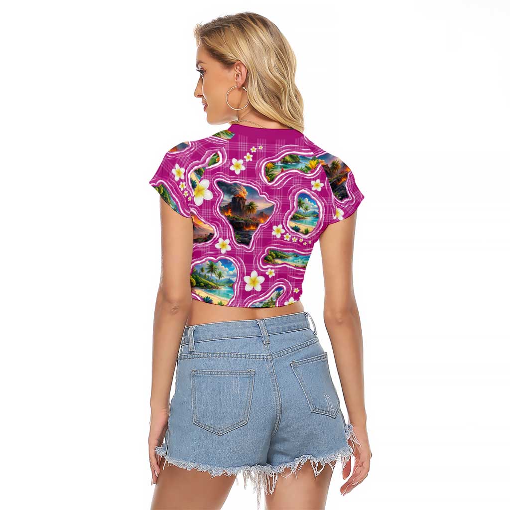 Hawaiian Island Shapes-Iconic Landscape Raglan Cropped T Shirt with Plumeria and Palaka Pink Color