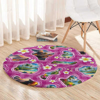 Hawaiian Island Shapes-Iconic Landscape Round Carpet with Plumeria and Palaka Pink Color
