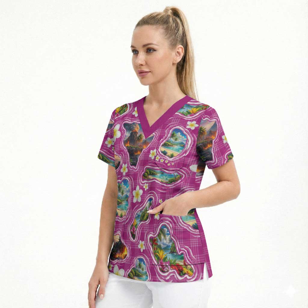 Hawaiian Island Shapes-Iconic Landscape Scrub Top with Plumeria and Palaka Pink Color LT03 - Polynesian Pride