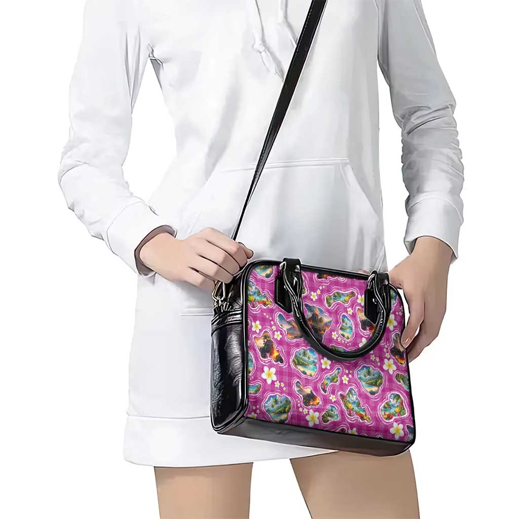 Hawaiian Island Shapes-Iconic Landscape Shoulder Handbag with Plumeria and Palaka Pink Color