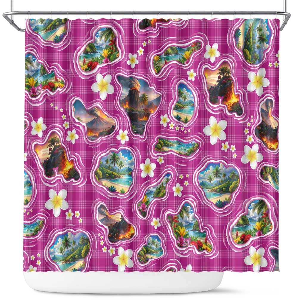 Hawaiian Island Shapes-Iconic Landscape Shower Curtain with Plumeria and Palaka Pink Color LT03 Pink - Polynesian Pride