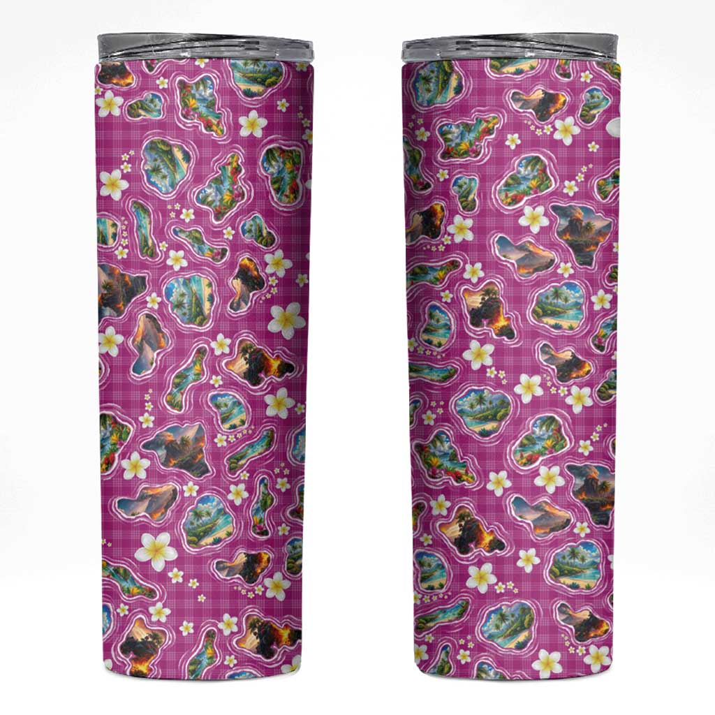 Hawaiian Island Shapes-Iconic Landscape Skinny Tumbler with Plumeria and Palaka Pink Color