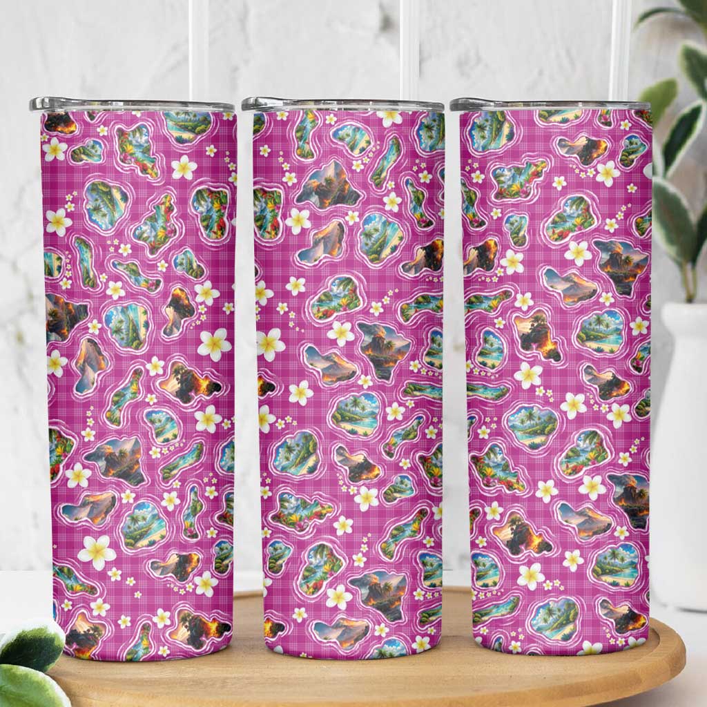 Hawaiian Island Shapes-Iconic Landscape Skinny Tumbler with Plumeria and Palaka Pink Color