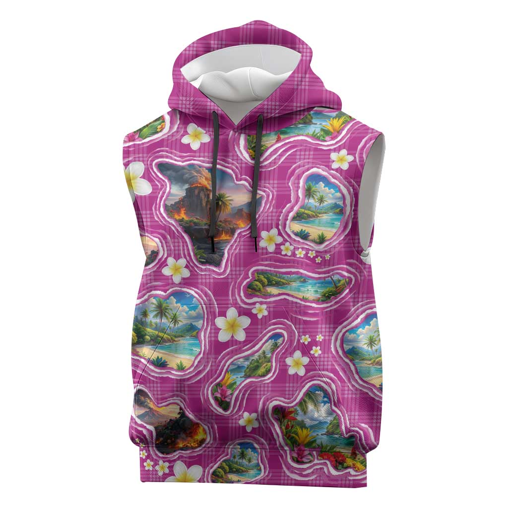 Hawaiian Island Shapes-Iconic Landscape Sleeveless Hoodie with Plumeria and Palaka Pink Color LT03 Pink - Polynesian Pride
