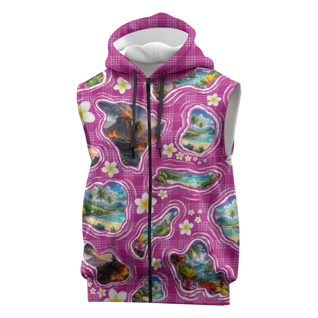 Hawaiian Island Shapes-Iconic Landscape Sleeveless Zip Hoodie with Plumeria and Palaka Pink Color LT03 Pink - Polynesian Pride