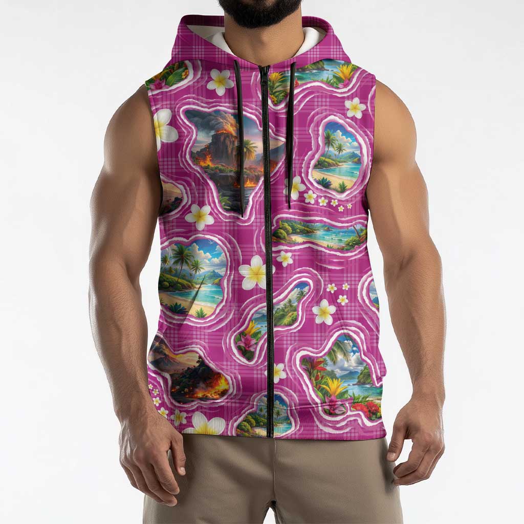 Hawaiian Island Shapes-Iconic Landscape Sleeveless Zip Hoodie with Plumeria and Palaka Pink Color
