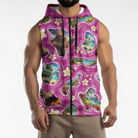 Hawaiian Island Shapes-Iconic Landscape Sleeveless Zip Hoodie with Plumeria and Palaka Pink Color