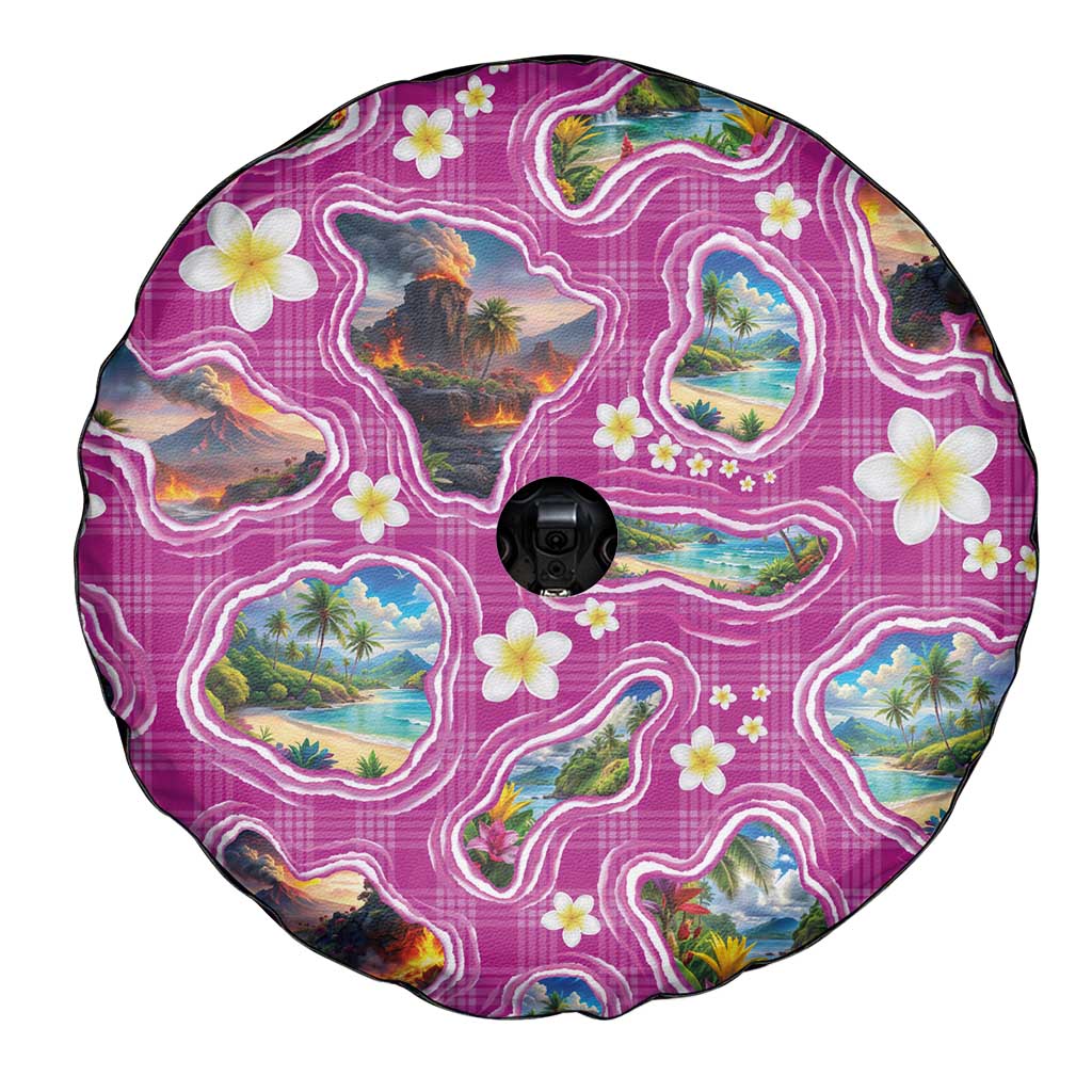 Hawaiian Island Shapes-Iconic Landscape Spare Tire Cover with Plumeria and Palaka Pink Color