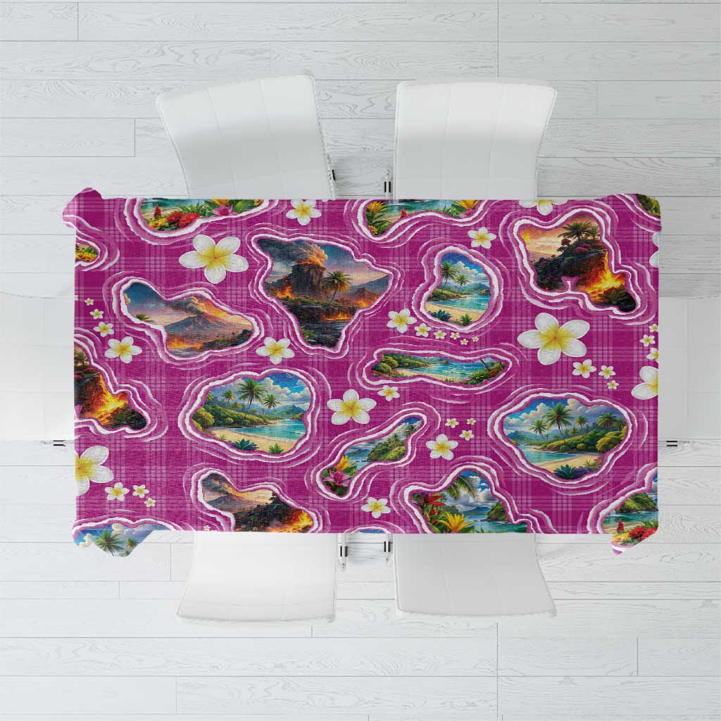 Hawaiian Island Shapes-Iconic Landscape Tablecloth with Plumeria and Palaka Pink Color LT03 Pink - Polynesian Pride