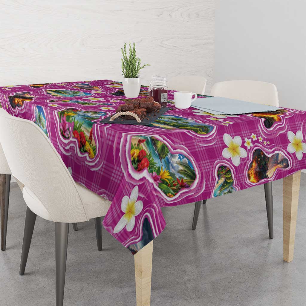 Hawaiian Island Shapes-Iconic Landscape Tablecloth with Plumeria and Palaka Pink Color LT03 - Polynesian Pride