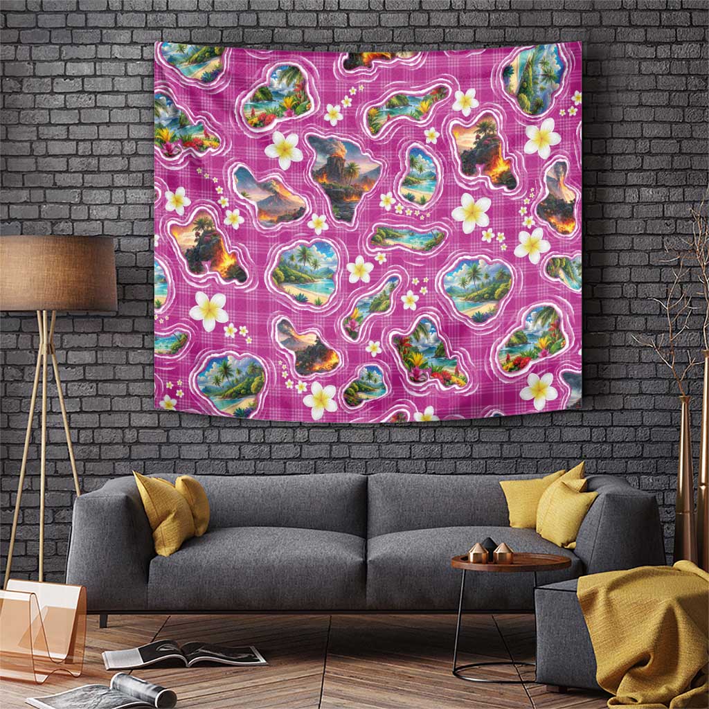 Hawaiian Island Shapes-Iconic Landscape Tapestry with Plumeria and Palaka Pink Color LT03 Pink - Polynesian Pride