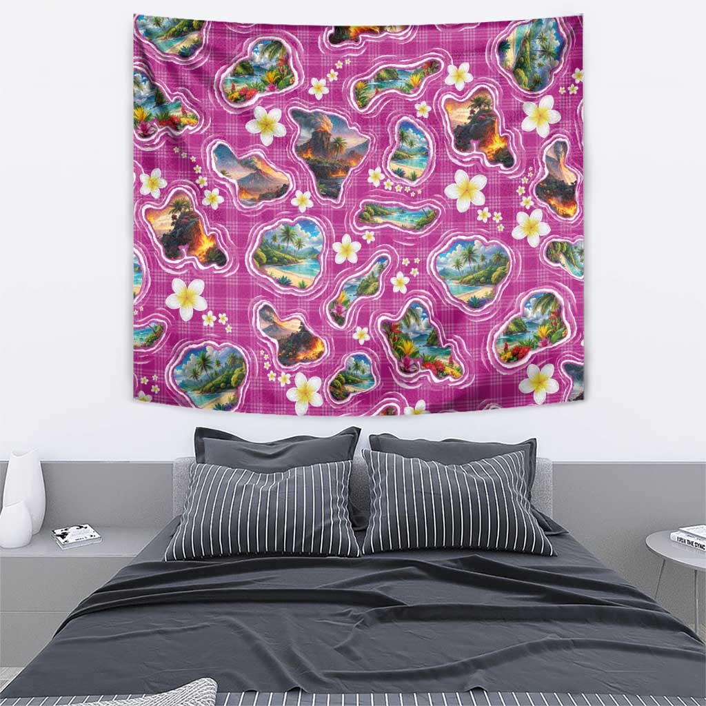 Hawaiian Island Shapes-Iconic Landscape Tapestry with Plumeria and Palaka Pink Color LT03 - Polynesian Pride