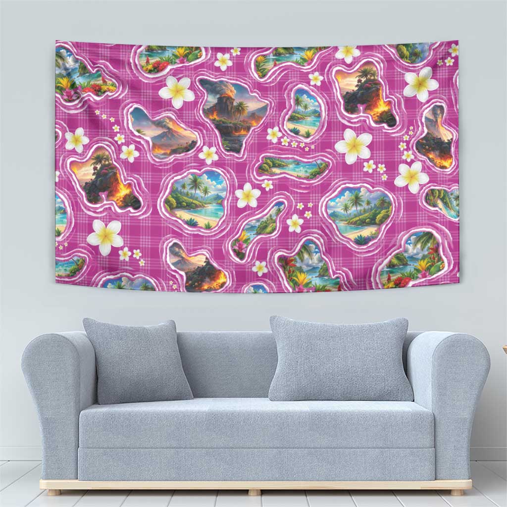 Hawaiian Island Shapes-Iconic Landscape Tapestry with Plumeria and Palaka Pink Color LT03 - Polynesian Pride