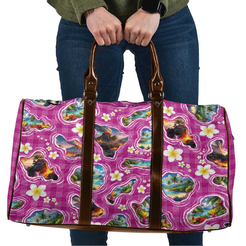 Hawaiian Island Shapes-Iconic Landscape Travel Bag with Plumeria and Palaka Pink Color LT03 Pink - Polynesian Pride