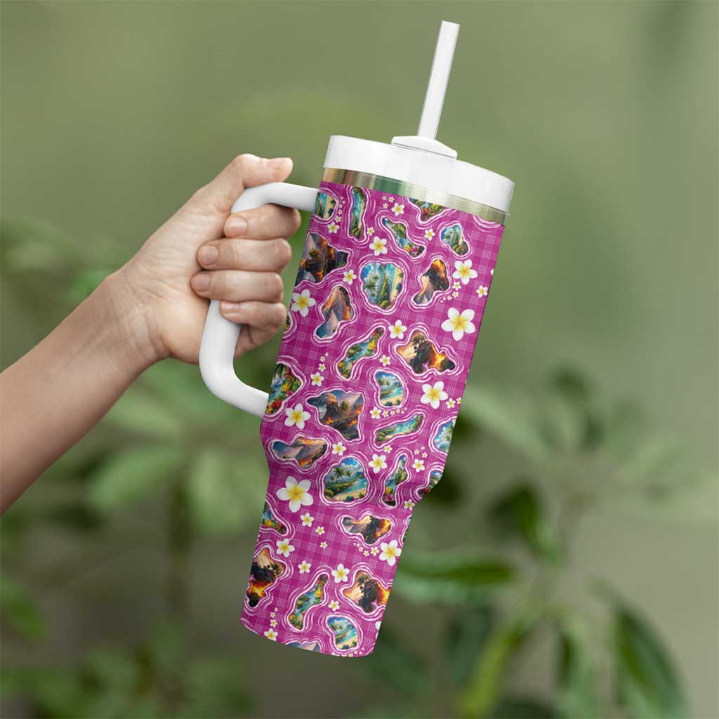 Hawaiian Island Shapes-Iconic Landscape Tumbler With Handle with Plumeria and Palaka Pink Color