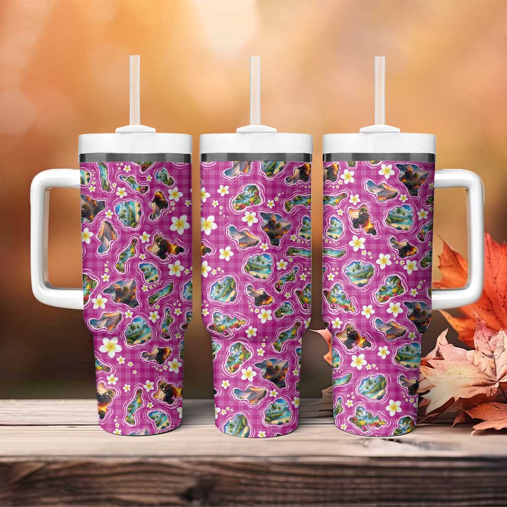 Hawaiian Island Shapes-Iconic Landscape Tumbler With Handle with Plumeria and Palaka Pink Color