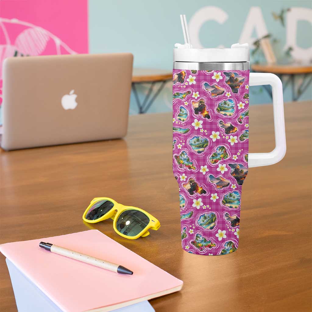 Hawaiian Island Shapes-Iconic Landscape Tumbler With Handle with Plumeria and Palaka Pink Color