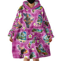 Hawaiian Island Shapes-Iconic Landscape Wearable Blanket Hoodie with Plumeria and Palaka Pink Color