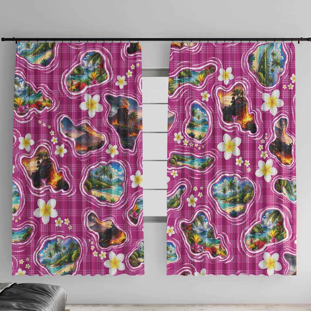 Hawaiian Island Shapes-Iconic Landscape Window Curtain with Plumeria and Palaka Pink Color