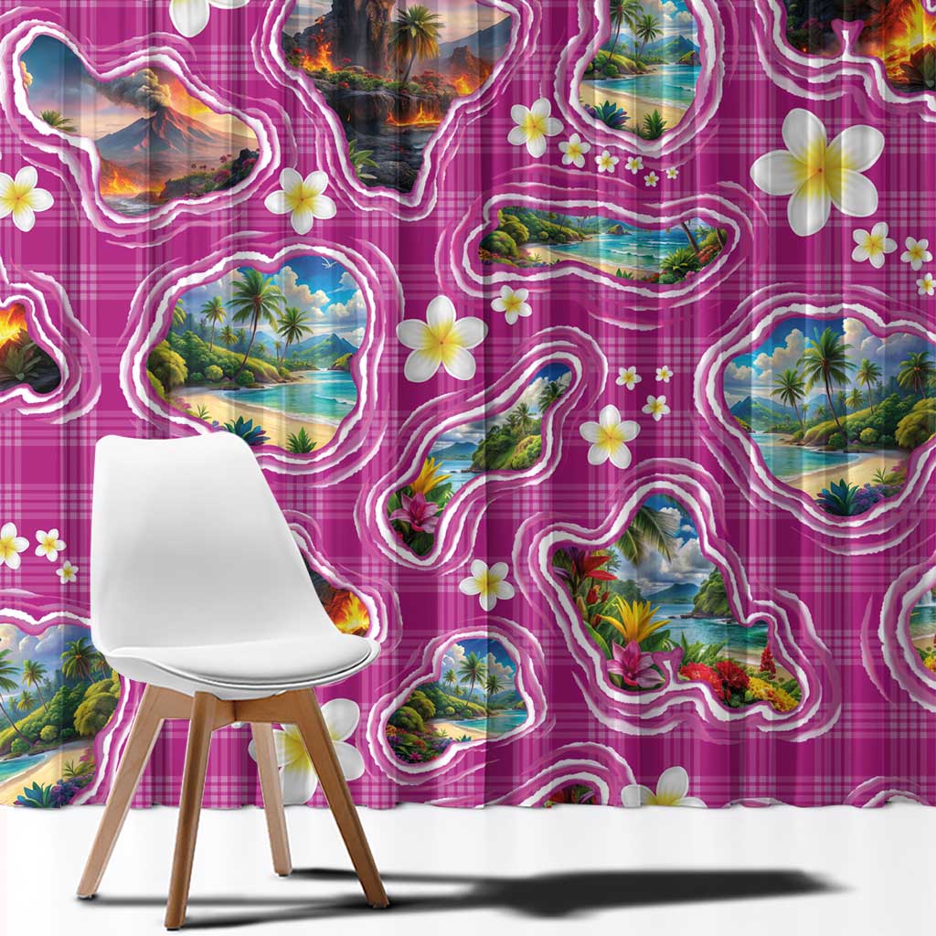 Hawaiian Island Shapes-Iconic Landscape Window Curtain with Plumeria and Palaka Pink Color
