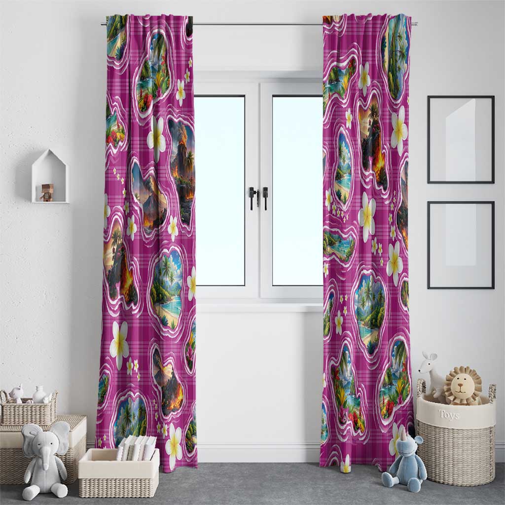 Hawaiian Island Shapes-Iconic Landscape Window Curtain with Plumeria and Palaka Pink Color