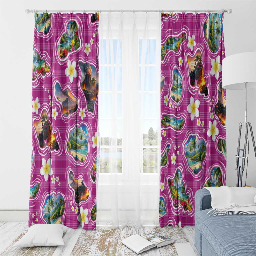 Hawaiian Island Shapes-Iconic Landscape Window Curtain with Plumeria and Palaka Pink Color