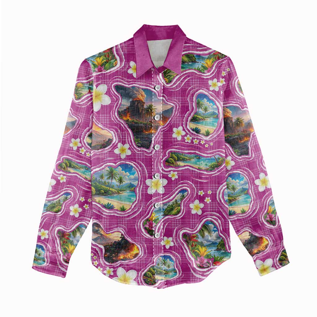 Hawaiian Island Shapes-Iconic Landscape Women Casual Shirt with Plumeria and Palaka Pink Color