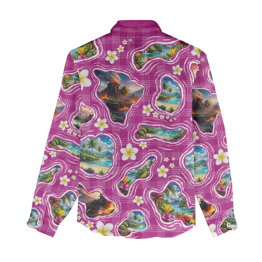 Hawaiian Island Shapes-Iconic Landscape Women Casual Shirt with Plumeria and Palaka Pink Color