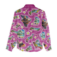 Hawaiian Island Shapes-Iconic Landscape Women Casual Shirt with Plumeria and Palaka Pink Color