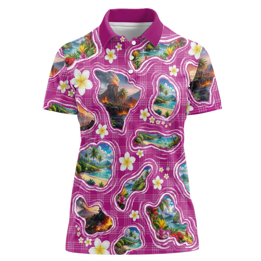 Hawaiian Island Shapes-Iconic Landscape Women Polo Shirt with Plumeria and Palaka Pink Color LT03 Female Pink - Polynesian Pride