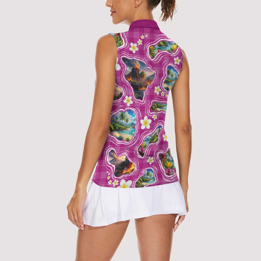 Hawaiian Island Shapes-Iconic Landscape Women Sleeveless Polo Shirt with Plumeria and Palaka Pink Color