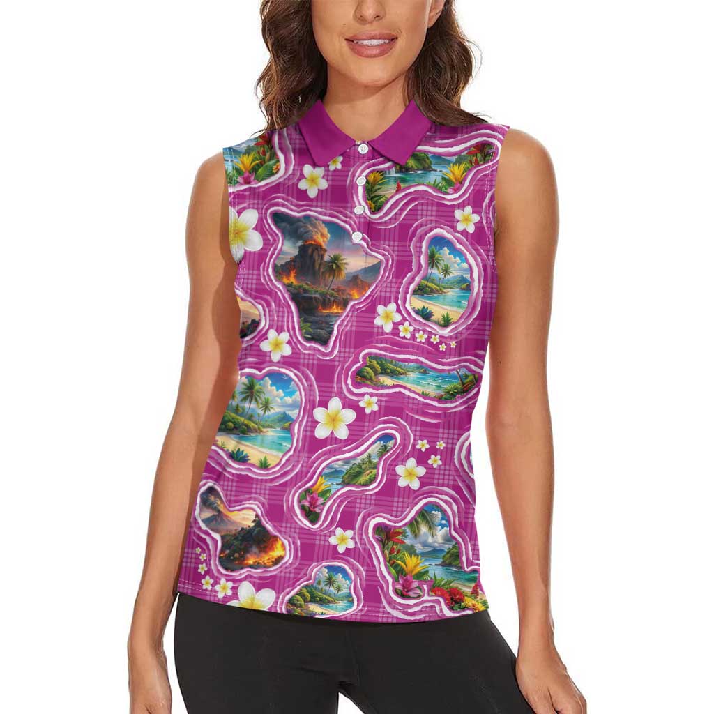 Hawaiian Island Shapes-Iconic Landscape Women Sleeveless Polo Shirt with Plumeria and Palaka Pink Color