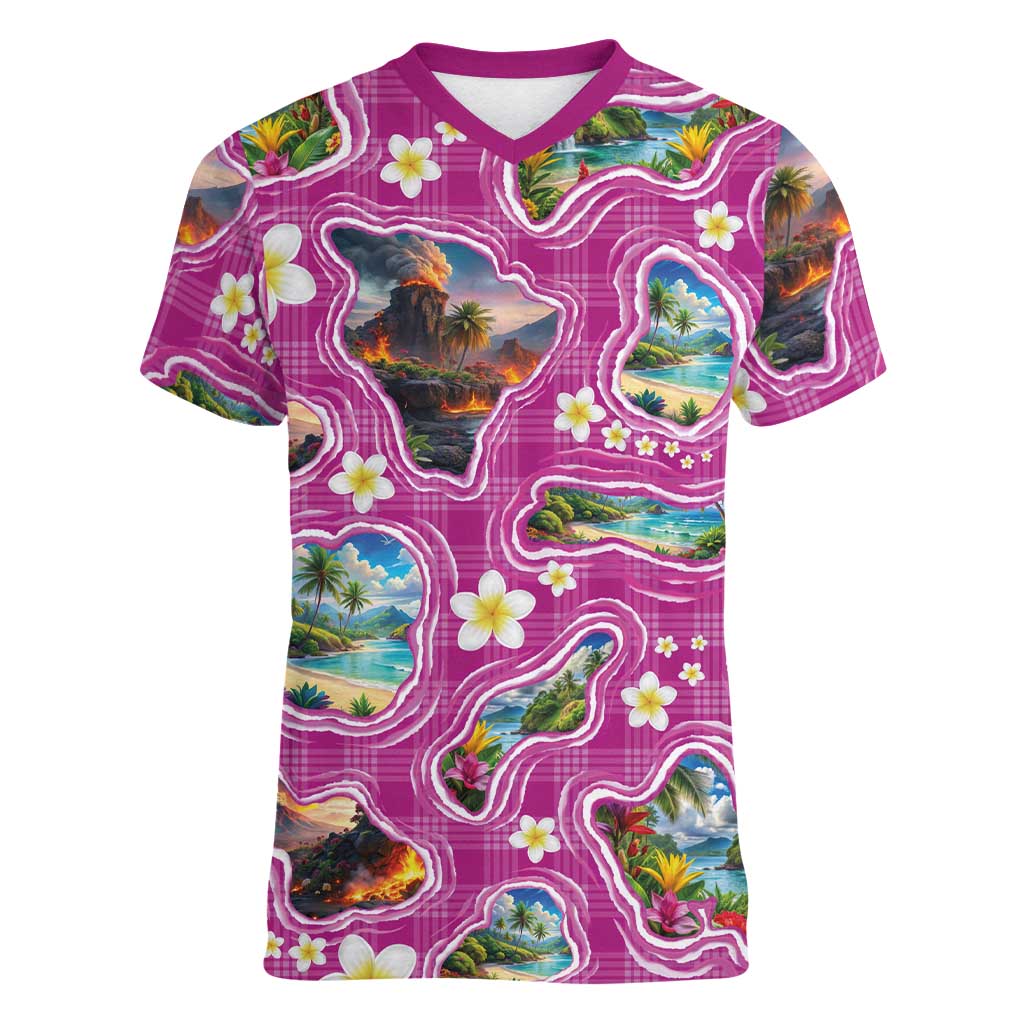 Hawaiian Island Shapes-Iconic Landscape Women V-Neck T-Shirt with Plumeria and Palaka Pink Color