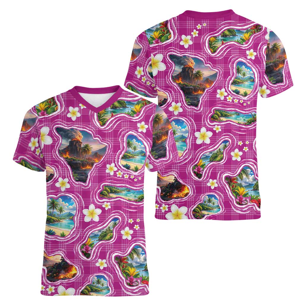 Hawaiian Island Shapes-Iconic Landscape Women V-Neck T-Shirt with Plumeria and Palaka Pink Color