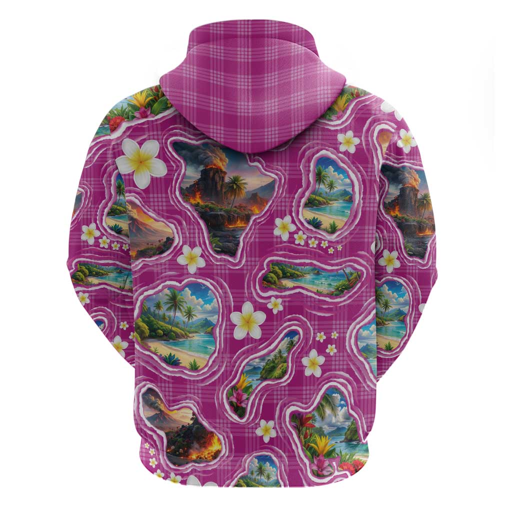 Hawaiian Island Shapes-Iconic Landscape Zip Hoodie with Plumeria and Palaka Pink Color