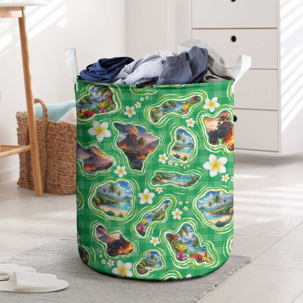 Hawaii Map with Plumeria Flower and Palaka Pattern Laundry Basket Tropical Island Green Design LT03 Green - Polynesian Pride