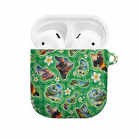 Hawaii Map with Plumeria Flower and Palaka Pattern AirPods Case Tropical Island Green Design LT03 Green - Polynesian Pride