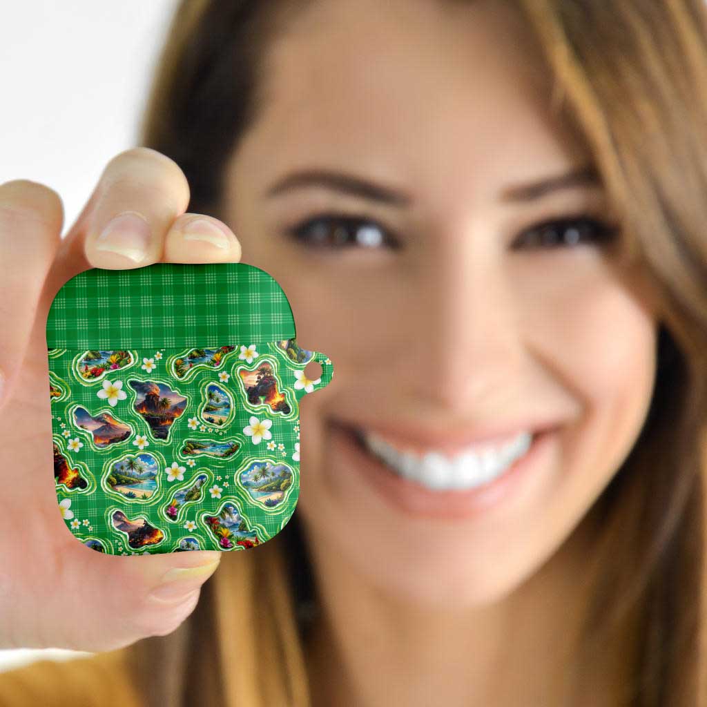 Hawaii Map with Plumeria Flower and Palaka Pattern AirPods Case Tropical Island Green Design LT03 - Polynesian Pride