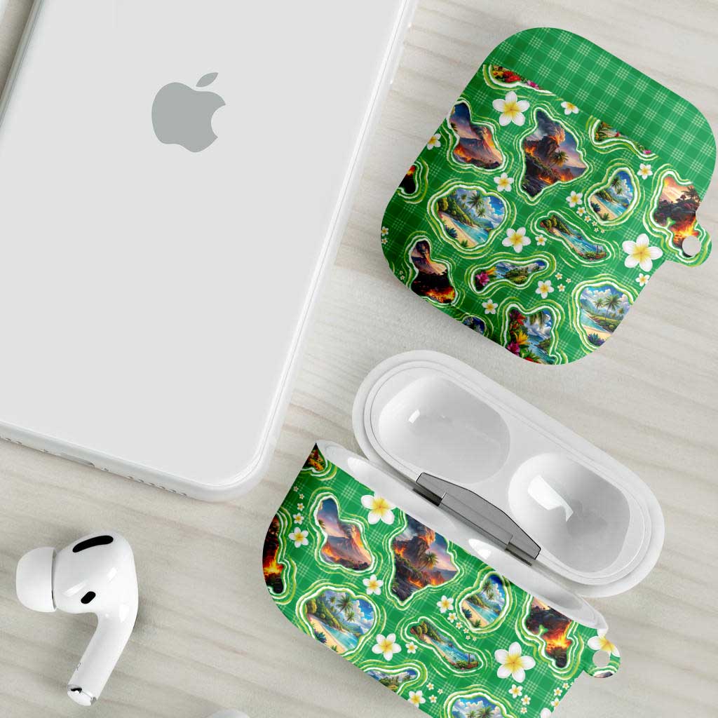 Hawaii Map with Plumeria Flower and Palaka Pattern AirPods Case Tropical Island Green Design LT03 - Polynesian Pride